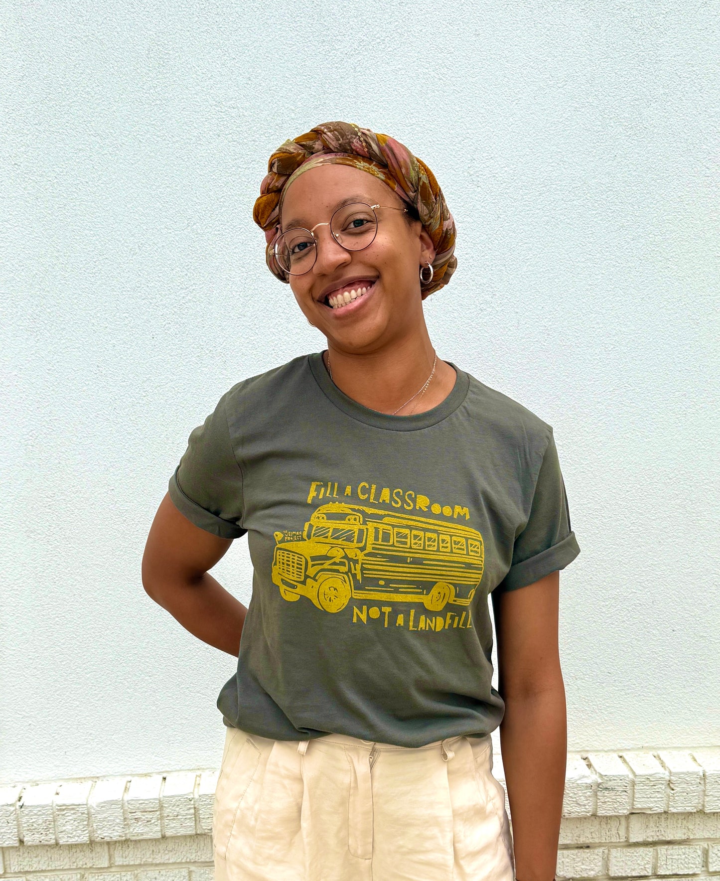 Fill a Classroom Shirt - Army Green with Retro Mustard Ink