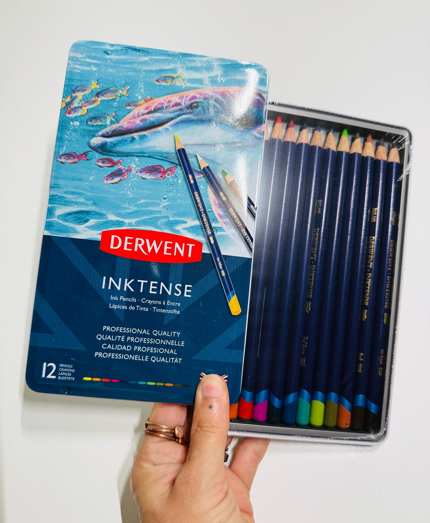 Derwent Inktense 12 Pencils. Dolphin Tin